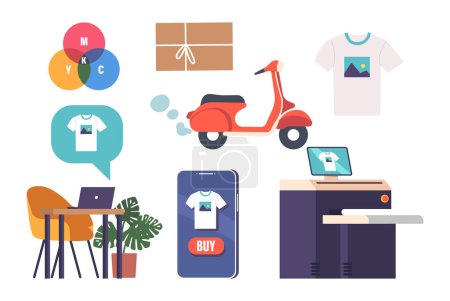 Illustration for Set of Items for Printing Studio Interior and Service. Scooter, Cmyk Palette, Parcel, and Printer. Smartphone with App, Desk with Laptop, T-shirt with Design. Cartoon Vector Illustration, Icons - Royalty Free Image