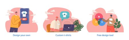 Illustration for Male And Female Characters Isolated Elements. Graphic Designers Choose Color On Cmyk Palette and Create Design on Laptop, Client Buying T-shirt Online by Smartphone. Cartoon People Vector Illustration - Royalty Free Image