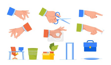 Illustration for Set of Business Icons with Gesturing Hand, Holding Scissors, Pointing. Office Desk with Chair and Computer, Belongings in Carton Box, Briefcase and Doorway. Cartoon Vector Illustration, Elements - Royalty Free Image
