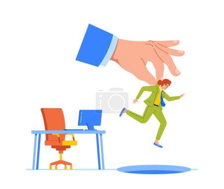 Illustration for Conceptual Scene of Corporate Downsizing Portrayed Bosss Huge Hand Throwing Employee Character Out Of Office Desk, Symbolizing Job Loss And Workforce Reduction. Cartoon People Vector Illustration - Royalty Free Image