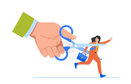 Illustration for Reduce Personnel Concept Depicted With Huge Bosss Hand Using Scissors To Cut Escaping Employee. Frightened Female Character Run Away from Danger. Cartoon People Vector Illustration - Royalty Free Image