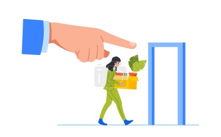 Illustration for Giant Boss Hand Pointing with Finger On A Door, Signaling To The Employee That The Company Is Downsizing Its Workforce. Fired Office Worker Character Leave Office. Cartoon People Vector Illustration - Royalty Free Image