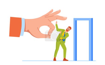 Illustration for Reducing Personnel Concept. Giant Boss Hand Flick Away Unwanted Employee Character through the Door, With The Aim Of Streamlining And Improving Business Efficiency. Cartoon People Vector Illustration - Royalty Free Image