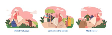 Jesus Delivered The Sermon On The Mount, Teaching His Followers The Beatitudes, The Lords Prayer, And Other Spiritual Teachings On A Hill Near The Sea Of Galilee. Cartoon People Vector Illustration