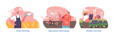 Illustrazione per Gli agricoltori Personaggi maschili e femminili lavorano su Smart Modern Technological Farm con molti impieghi tecnologici Tecnologia avanzata per ottimizzare i raccolti e migliorare l'efficienza. Illustrazione del vettore della gente del fumetto - Immagini Royalty Free