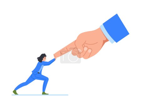Illustration for Employee Female Character Resists Boss By Fighting With Huge Hand Pointing on her with Finger, Symbolize Overcoming Authority And Standing Up For Oneself. Cartoon People Vector Illustration - Royalty Free Image