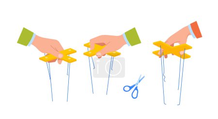 Illustration for Puppeteer Hand Holding Strings Represents Control, Leadership And Direction. The Concept Symbolizes The Ability To Manipulate, Direct And Create Movement. Cartoon People Vector Illustration - Royalty Free Image
