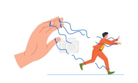 Illustration for Puppet Employee Male Character Fell Off The Ropes That Broke On The Huge Arm Of The Manipulator. Concept of Freedom, Independence and Escape from Puppeteer Master. Cartoon People Vector Illustration - Royalty Free Image