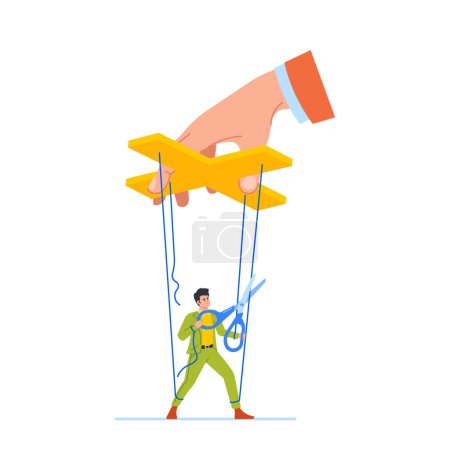 Illustration for Marionette Employee Male Character Deftly Cuts Ropes, Freeing From Strings, Symbolizing Independence And Freedom. Puppet Office Worker Escape from Manipulation. Cartoon People Vector Illustration - Royalty Free Image