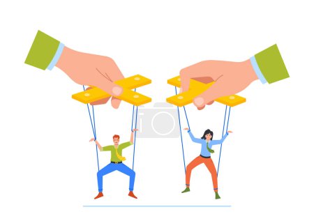 Illustration for Boss Manipulator Control Marionettes Employees Hanging on Ropes. Male and Female Subordinate Characters Obey to Leader Puppeteer Master. Cartoon People Vector Illustration - Royalty Free Image