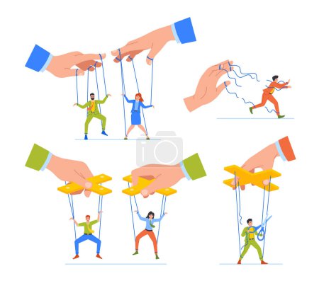 Illustration for Business Concept with Boss Hand Controls Puppet Characters, Symbolizing Authority, Leadership, Management, Manipulation, Power, Influence, And Workplace Hierarchy. Cartoon People Vector Illustration - Royalty Free Image