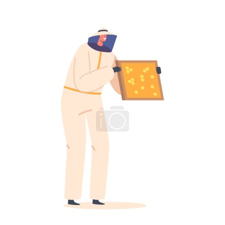 Illustration for Apiarist Beekeeper Character Holding Holding Wooden Frame Full Of Honeycomb, Observing The Health And Productivity Of A Beehive, And Ensuring The Bees Well-being. Cartoon People Vector Illustration - Royalty Free Image