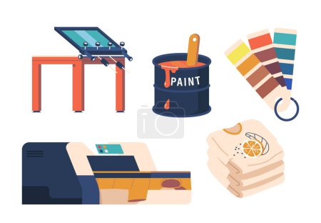 Illustration for T-shirt Printing Kit Includes Printer, Paint, Color Palette and Screen Items For Creating Custom Designs, Diy Projects, Personalizing Gifts, And Starting A Small Business. Cartoon Vector Illustration - Royalty Free Image