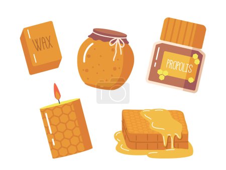Téléchargez les illustrations : Ensemble de miel comprend des pots de miel brut provenant de différentes sources telles que le trèfle, les fleurs sauvages et la lavande. Il comprend également nid d'abeille, propolis, cire et bougie de cire d'abeille. Illustration vectorielle de bande dessinée - en licence libre de droit