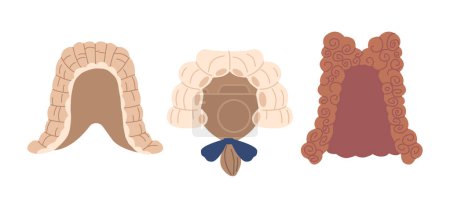 Rococo Wigs, Voluminous Male Hairstyles Adorned With Bows or Curls. Popular In The 18th Century, These Wigs Were Worn By Both Men As A Symbol Of Fashion And Status. Cartoon Vector Illustration