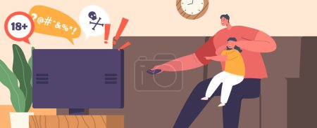 Illustration for Father Character Closing Daughter Eyes Protecting From Dangerous Tv Content and Censored Information. Man with Remote Control and Little Girl on Sofa at Home. Cartoon People Vector Illustration - Royalty Free Image