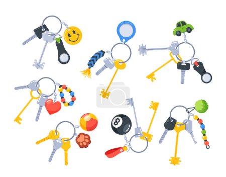 Illustration for Bunch Of Keys On Various Keychains Featuring Different Designs, Colors, And Sizes. Perfect For Keeping All Your Keys Organized And Easy To Identify. Cartoon Vector Illustration - Royalty Free Image