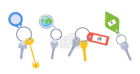 Illustration for Collection Of Metal Keys And Compact, Convenient Keychains For Organizing And Keeping Keys Secure. Ideal For Home, Office, Or Car Use. Cartoon Vector Illustration - Royalty Free Image