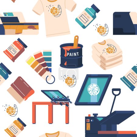 Illustration for Seamless Pattern Showcasing Various Items For T-shirt Printing, Including Printer, Color Palette, Press Machine For Use In Textile Design, Fashion, And Apparel Production. Cartoon Vector Illustration - Royalty Free Image