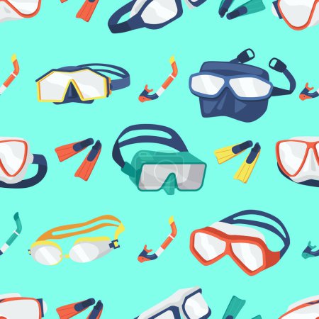 Illustration for Seamless Pattern With Snorkel Masks And Flippers. Repeating Design Featuring Underwater Gear Ideal For Beach-themed Projects And Aquatic-themed Designs. Cartoon Vector Illustration - Royalty Free Image