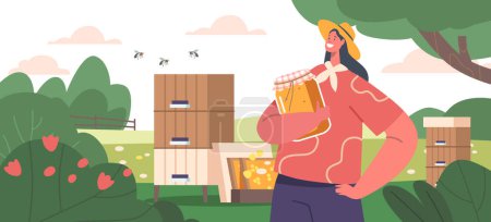 Illustration for Female Character Holding Glass Jar with Fresh Flower Honey on the Meadow with Hives and Bees Flying around. Apiary Farm Healthy Product, Organic Natural Sweet Food Produce. Cartoon Vector Illustration - Royalty Free Image