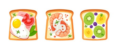 Illustration for Sandwiches With Different Fillings Eggs, Shrimps, Fruits and Tomatoes, Made With Fresh Ingredients And Served On Different Types Of Bread, Perfect For A Quick Meal Or Snack Cartoon Vector Illustration - Royalty Free Image