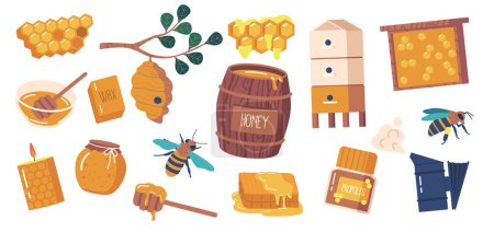 Téléchargez les illustrations : Ensemble d'articles apicoles. Fumeur, ruche, trempette au miel, reine, abeilles et bougie de cire d'abeille. Cadre, tonneau en bois, peignes et cire. Outils, produits et équipement pour apiculteurs Icônes isolées. Illustration vectorielle de bande dessinée - en licence libre de droit