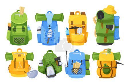 Ilustración de Set de mochilas Traveler, perfectas para aventuras. Ligero, duradero y versátil con múltiples compartimentos y correas ajustables para garantizar comodidad y practicidad. Ilustración de vectores de dibujos animados - Imagen libre de derechos