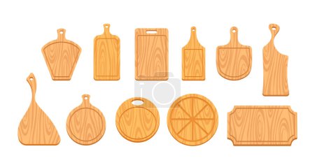 Illustration for Isolated Cutting Wood Boards Icons Set, Tools Made Of Durable Hardwood Material With Different Sizes And Thickness. Perfect For Cutting And Chopping Tasks In The Kitchen. Cartoon Vector Illustration - Royalty Free Image