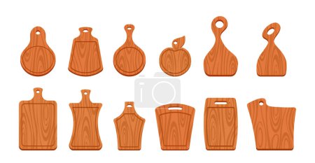 Illustration for Cutting Wood Boards Set. Essential Kitchen Tools For Cooking and Food Preparation, Made From Durable And Sustainable Wood Material, Available In Various Sizes And Shapes. Cartoon Vector Illustration - Royalty Free Image