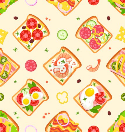 Illustration for Seamless Pattern With Sandwiches Consists Of Various Fillings Such As Cheese, Tomato, And Ham. Repeating Design For Use In Kitchen Decor Or Creating Custom Food Packaging. Cartoon Vector Illustration - Royalty Free Image