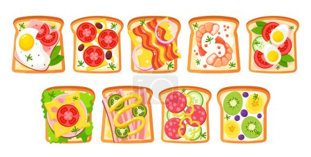 Illustration for Assorted Sandwich Set Featuring Various Fillings Such As Ham And Cheese, Eggs and Tomatoes, Sausages, Fruits and Vegetable Ideal For A Quick Snack Or Lunch On-the-go. Cartoon Vector Illustration - Royalty Free Image