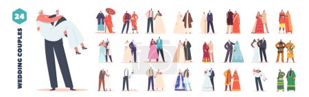 Illustration for Set of Wedding Couples From Different Cultures, Dressed In Traditional Attire, Exchanging Vows And Celebrating Their Union. Bride and Groom Characters. Cartoon People Vector Illustration - Royalty Free Image
