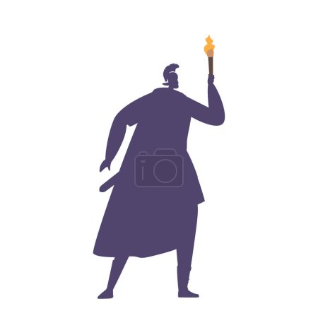 Illustration for Shadow of Roman Soldier Holds A Torch that Provides Light For The Soldiers Path And Serves As A Symbol Of Roman Power. Centurion Male Character in Armor. Cartoon People Vector Illustration - Royalty Free Image