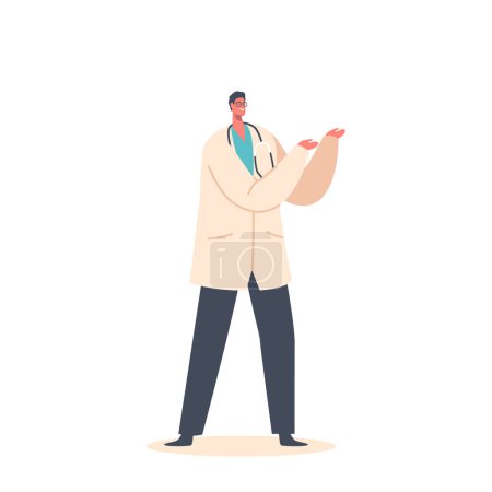 Illustration for Smiling Doctor Male Character Wearing Stethoscope, Professional And Caring, Dedicated To Promoting Health And Well-being Of Patients Through Knowledge And Expertise. Cartoon People Vector Illustration - Royalty Free Image