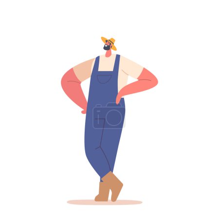 Illustration for Smiling, Confident Farmer Male Character Wear Hat and Overalls Stands With Arms Akimbo, Looking Content And Accomplished In His Field Isolated on White Background. Cartoon People Vector Illustration - Royalty Free Image