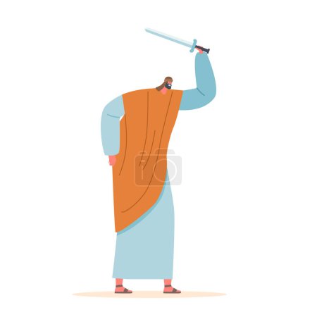 Illustration for Ancient Israelite Man Stands Wielding Sword, Dressed In Traditional Clothing, Ready For Battle Or Defense. Male Character Isolated on White Background. Cartoon People Vector Illustration - Royalty Free Image