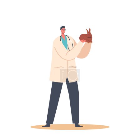 Illustration for Veterinarian Doctor Character Examines Rabbit, Checking Health, Administering Vaccinations, Treating Illnesses And Injuries, Offering Advice And Care To Pet Owners. Cartoon People Vector Illustration - Royalty Free Image