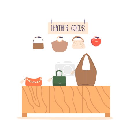 Illustration for Eye-catching Store Showcase With A Variety Of Stylish Bags. Modern, Trendy Designs For Any Occasion. High-quality Materials And Craftsmanship On Display. Cartoon Vector Illustration - Royalty Free Image