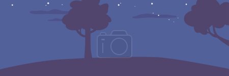 Téléchargez les illustrations : Dark Landscape Featuring Silhouetted Trees Against A Starry Sky. Des nuances de bleu et de noir créent une atmosphère sereine, avec des arbres projetant des ombres sur le sol. Illustration vectorielle de bande dessinée - en licence libre de droit