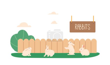 Ilustración de Conejos retozan en exuberantes praderas, mordisqueando en el verde mientras saltan y juegan en su hábitat natural, zoológico o granja ganadera. Ilustración de vectores de dibujos animados - Imagen libre de derechos