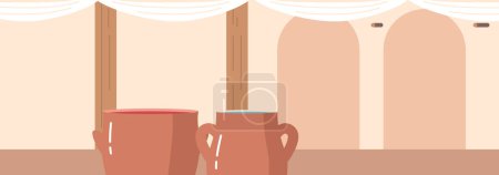Téléchargez les illustrations : Pots d'argile remplis d'eau et de vin debout à l'intérieur de la pièce antique, fournissant une ambiance rustique et servant des fins pratiques dans le stockage des liquides. Illustration vectorielle de bande dessinée - en licence libre de droit