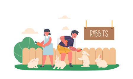 Illustration for Children Characters Interact And Play With Rabbits On Livestock Farm. The Young Ones Pet And Feed The Funny Animals While Enjoying The Sights And Sounds Of The Farm. Cartoon People Vector Illustration - Royalty Free Image