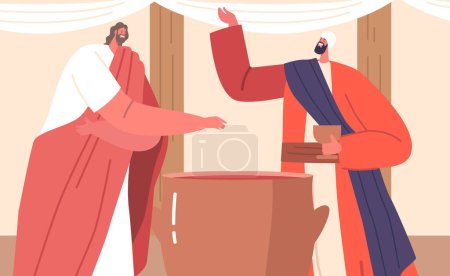 Illustration for Jesus Character Turns Water Into High-quality Wine. Biblical Miracle Performed At A Wedding Feast In Cana, Demonstrating Divine Power of Messiah. Cartoon People Vector Illustration - Royalty Free Image