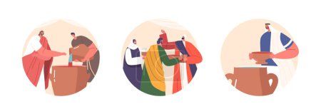 Illustration for Isolated Round Icons Jesus Performs Miracle At Wedding in Cana, Turning Water Into Wine. Guests Are Amazed By The Quality Of The Wine, Which Was Saved For Last. Cartoon People Vector Illustration - Royalty Free Image