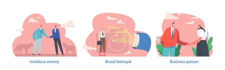 Illustration for Set Business Betrayal Is A Deceitful Act That Occurs When An Individual Or Organization Fails To Uphold Their Obligations, Showing Hypocrisy And Undermining Trust. Cartoon People Vector Illustration - Royalty Free Image