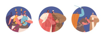 Téléchargez les illustrations : Icônes rondes isolées de la scène de trahison de Jésus. Judas Iscariot identifie Jésus aux soldats romains avec un baiser conduisant à l'arrestation et à la crucifixion. Illustration vectorielle des personnages de bande dessinée - en licence libre de droit