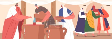 Illustration for Jesus Performs A Miracle At A Wedding, Turning Water Into Wine. The Guests Characters Are Amazed By The Quality Of The Wine, Which Was Saved For Last. Cartoon People Vector Illustration - Royalty Free Image