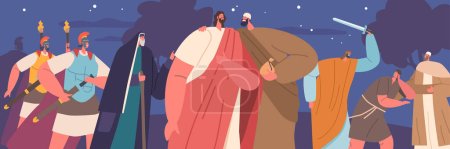 Betrayal Scene Of Jesus. Judas Iscariot Identifies Jesus To The Roman Soldiers With A Kiss In Exchange For Thirty Pieces Of Silver Leading To Arrest And Crucifixion. Cartoon People Vector Illustration