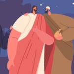 Betrayal Scene Of Jesus. Judas Iscariot Identifies Jesus To The Roman Soldiers With A Kiss In Exchange For Thirty Pieces Of Silver Leading To Arrest And Crucifixion. Cartoon People Vector Illustration